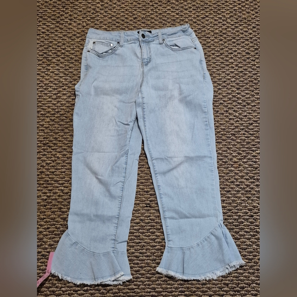 Earl Jean Womens Denim Ruffle Flounce Hem Chopped White Wash Jeans 12